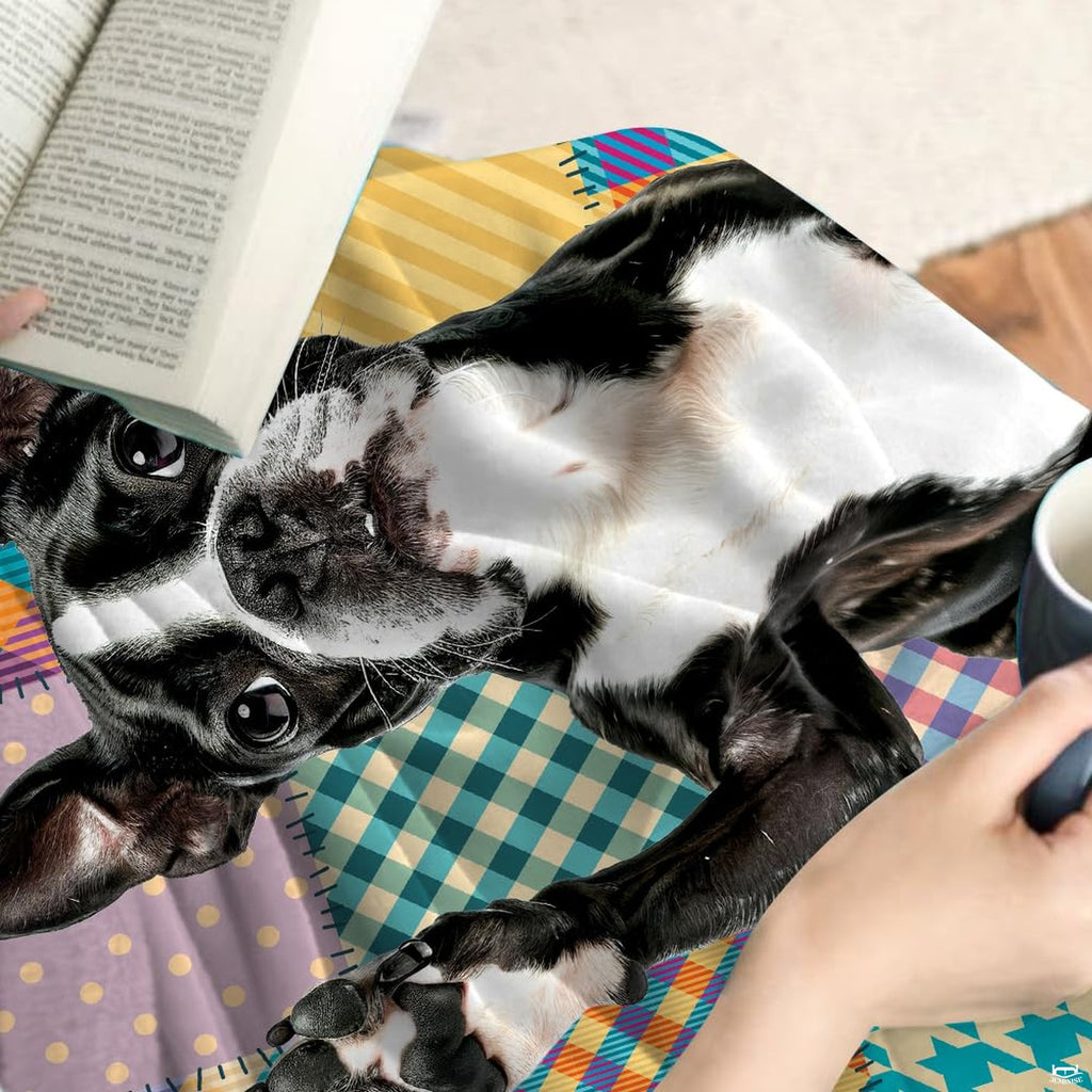 Boston Terrier dog throw blanket view 7 highlighting playful puppy illustrations and colorful pattern panels