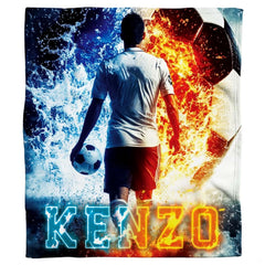 Fire and water soccer graphic textile laid flat in studio overview