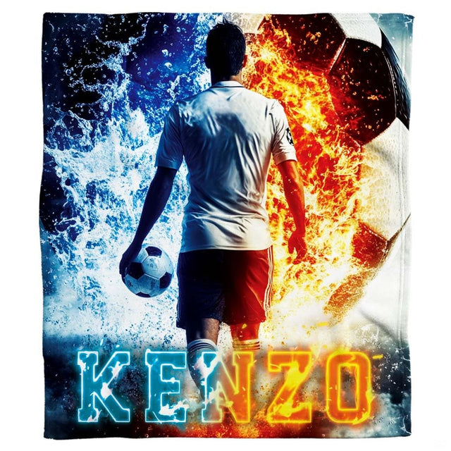 Fire and water soccer graphic textile laid flat in studio overview