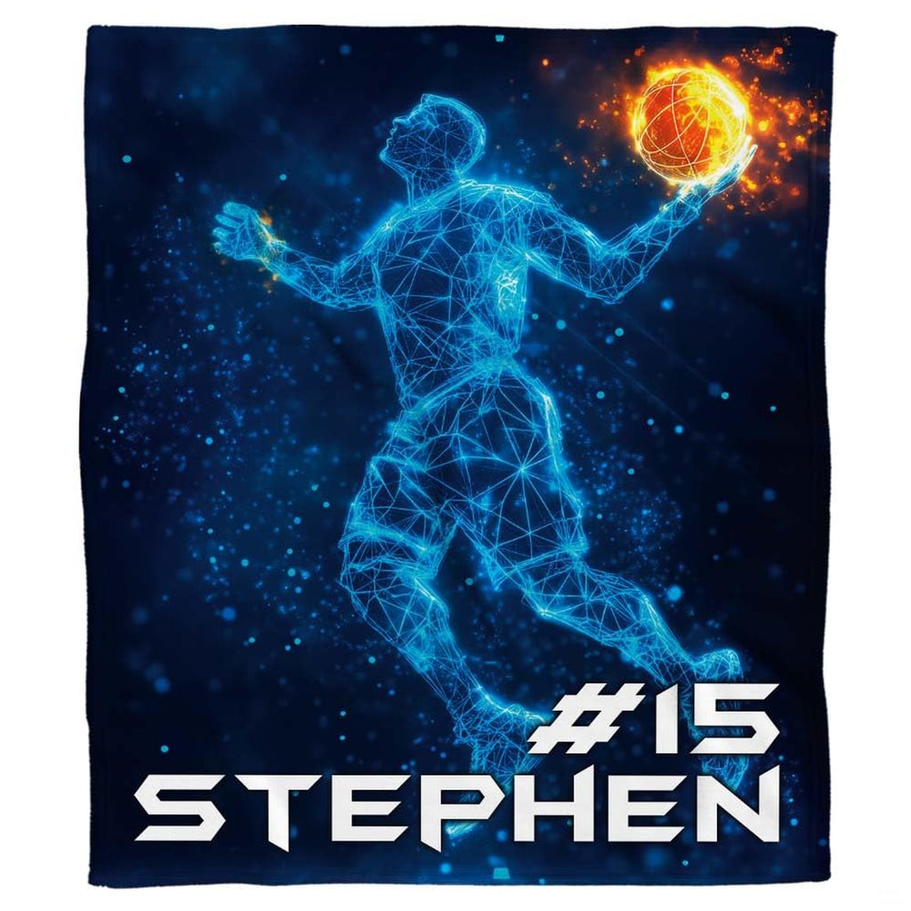 Close view of geometric wireframe basketball player in neon cyan and electric blue lines on sports bedding.