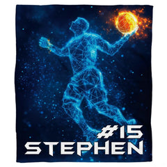Close view of geometric wireframe basketball player in neon cyan and electric blue lines on sports bedding.