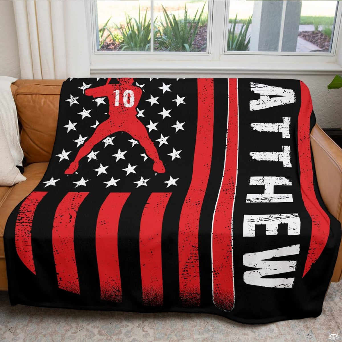 Baseball batter American flag throw blanket view 5 highlighting red flag stripes, stars, and room styling