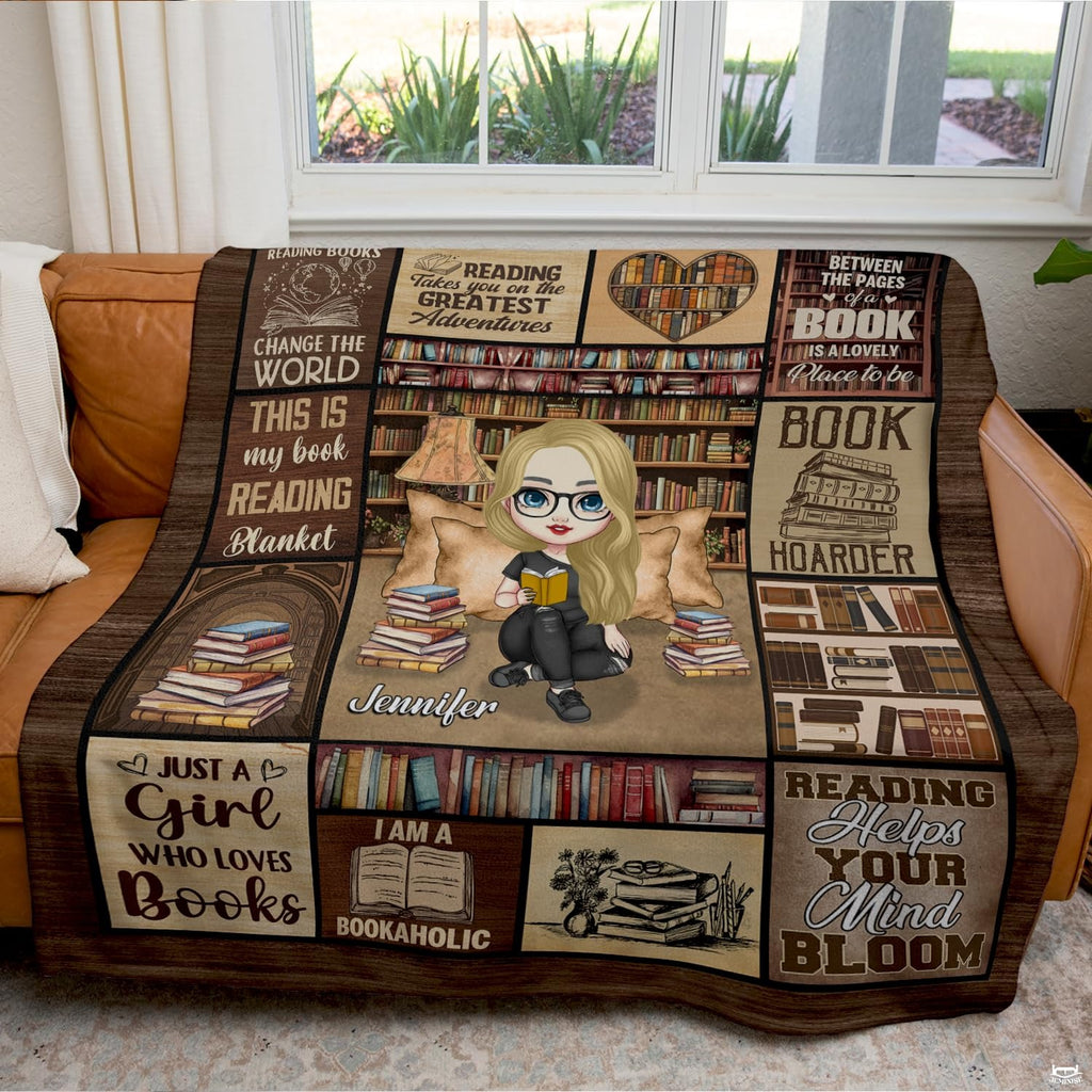 Personalized Blonde Girl Reading Amidst Bookshelves Blanket - Book