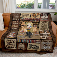 Personalized Blonde Girl Reading Amidst Bookshelves Blanket - Book