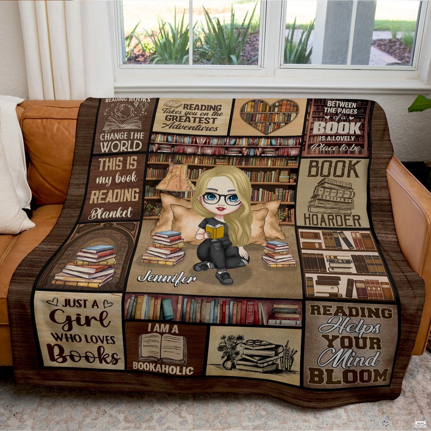 Personalized Blonde Girl Reading Amidst Bookshelves Blanket - Book