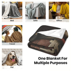 Multi-setting collage demonstrating throw blanket styling across bed, couch, office, and travel uses.