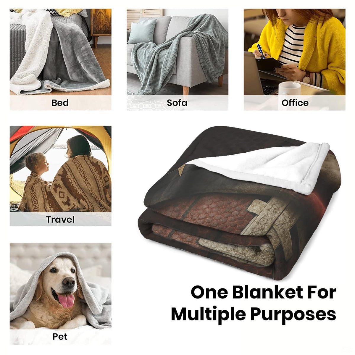 Multi-setting collage demonstrating throw blanket styling across bed, couch, office, and travel uses.