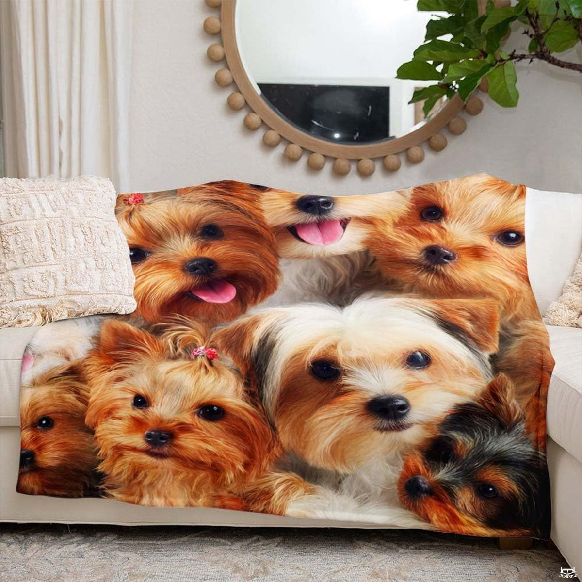 Side angle perspective highlighting sharp canine print clarity and radiant golden colors of the blanket