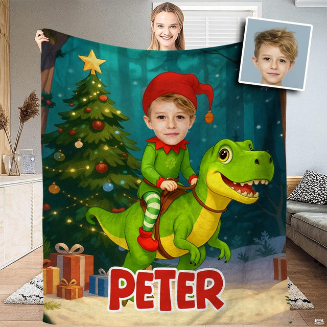 Christmas illustration of elf riding green T-Rex dinosaur near decorated tree, view 1.