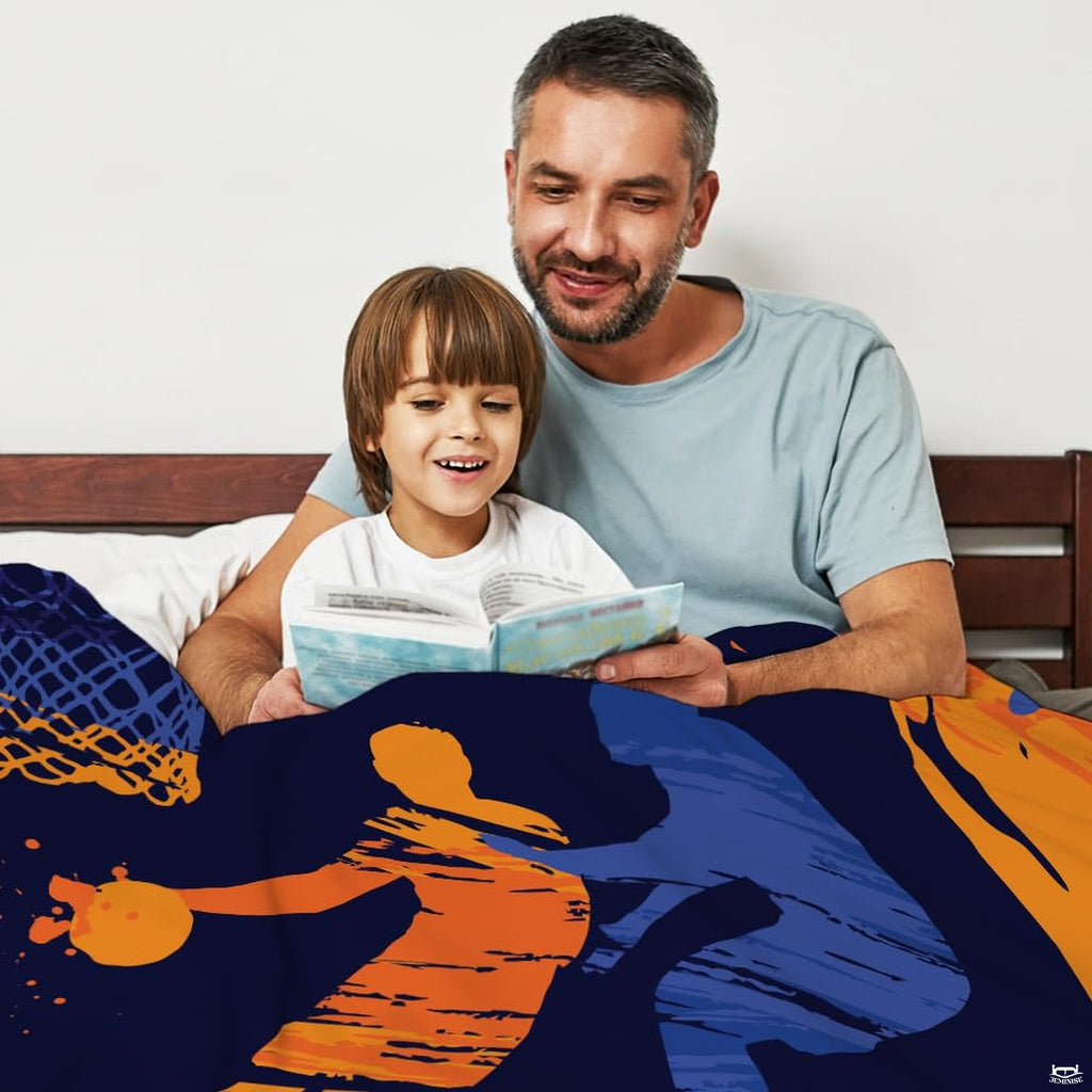 Overhead perspective of athletic court motifs and player action silhouettes on navy bedding.