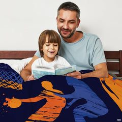 Overhead perspective of athletic court motifs and player action silhouettes on navy bedding.
