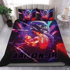 Royal purple football sports bedding featuring a textured football graphic and amethyst yard lines on a bed