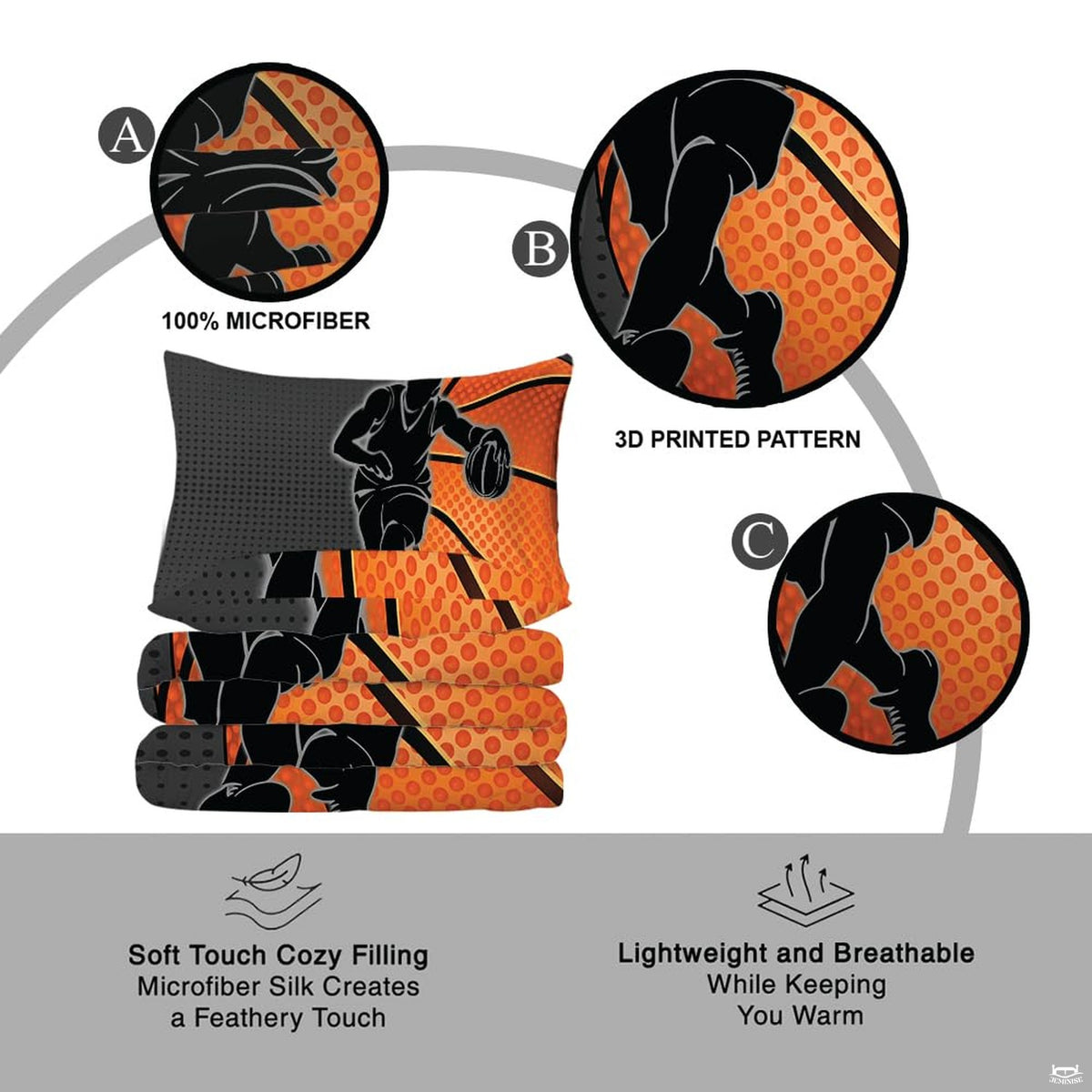 Overhead view of basketball dribble sports bedding arranged neatly across an athletic youth bedroom mattress