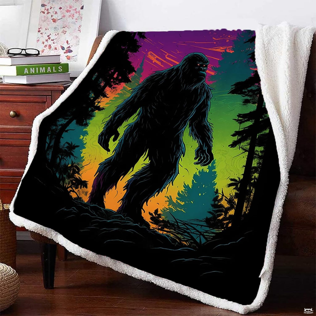 Neon Bigfoot blanket draped over an armchair beside a wooden nightstand in an indoor room setting.