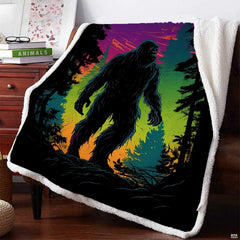 Neon Bigfoot blanket draped over an armchair beside a wooden nightstand in an indoor room setting.
