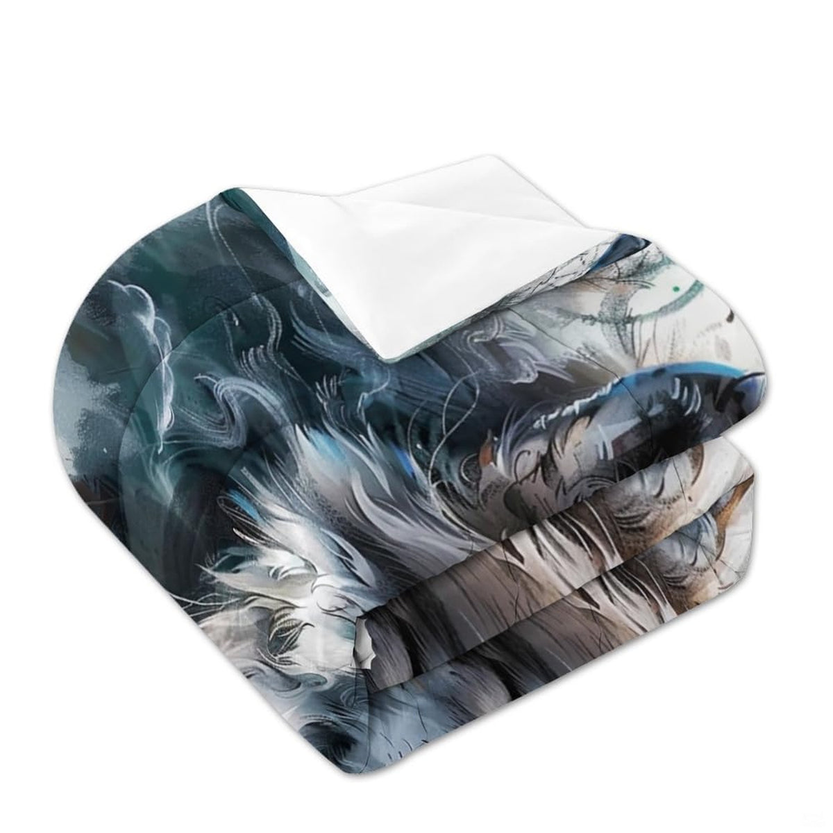 Folded bedding with teal brushwork, pale wolf fur, feathers, and white reverse