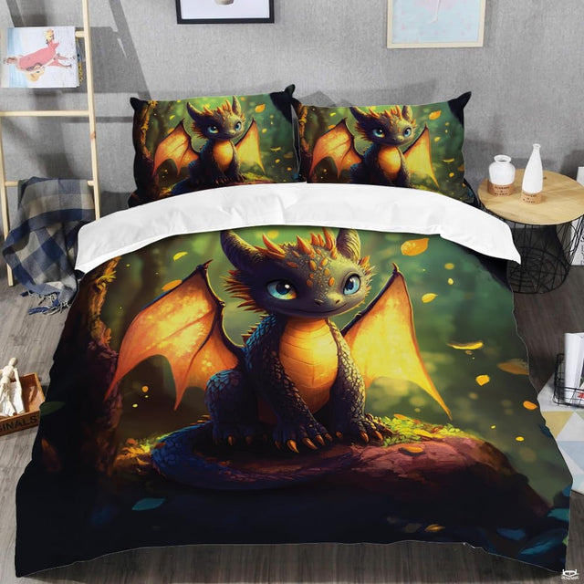 Baby dragon bedding shown in a modern bedroom