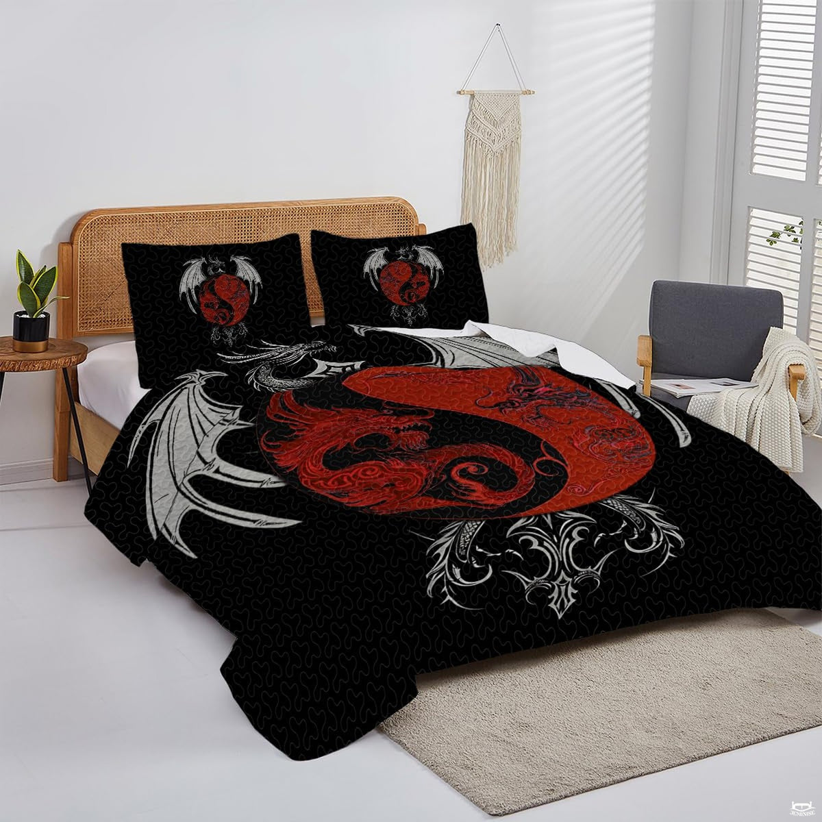 Gothic dragon yin yang artwork displayed on a bed in a bright bedroom