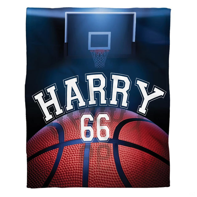 Stadium spotlight basketball hoop arena throw blanket with close-up ball and glowing backboard