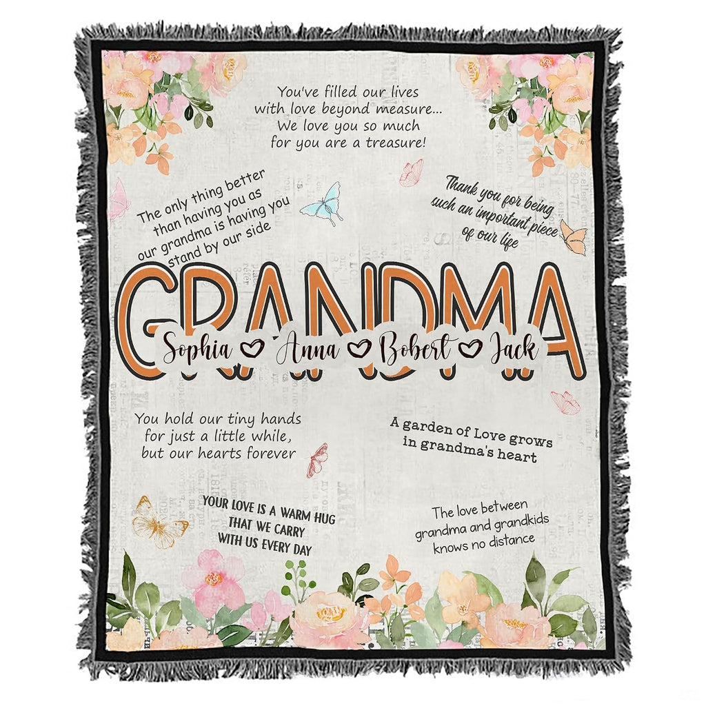 Grandma botanical floral garden family tribute blanket showing watercolor peach peonies view 8