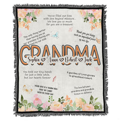 Grandma botanical floral garden family tribute blanket showing watercolor peach peonies view 8