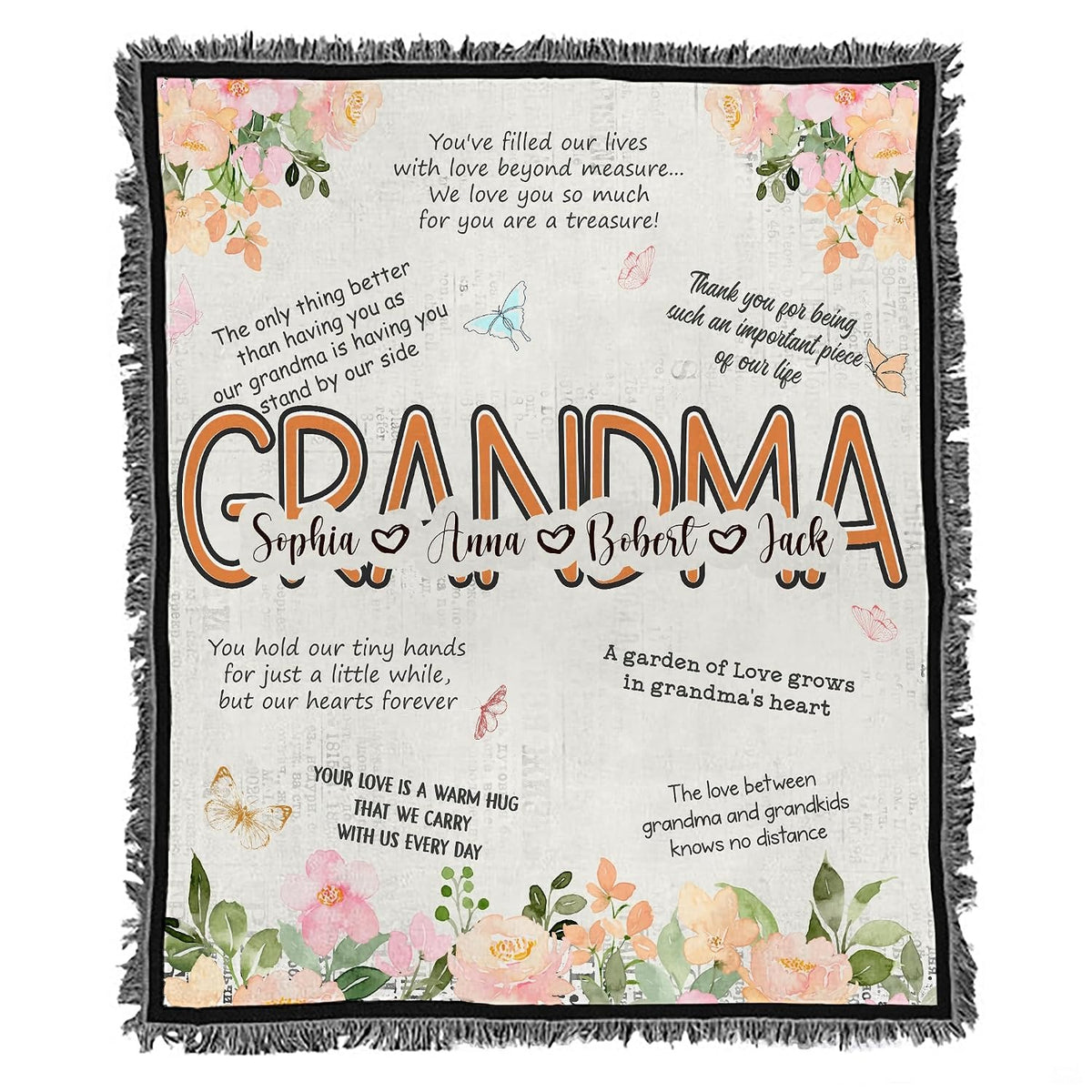Grandma botanical floral garden family tribute blanket showing watercolor peach peonies view 8