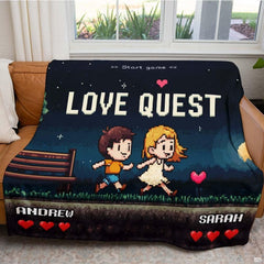 Vintage arcade style illustration of two running characters on romantic bedding set decor.