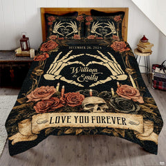 Gothic romantic bedding featuring skeleton hands forming a heart surrounded by antique roses and skull
