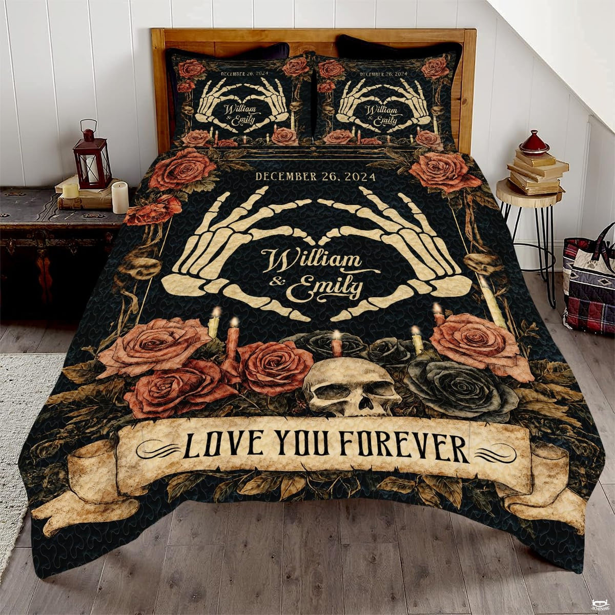 Gothic romantic bedding featuring skeleton hands forming a heart surrounded by antique roses and skull