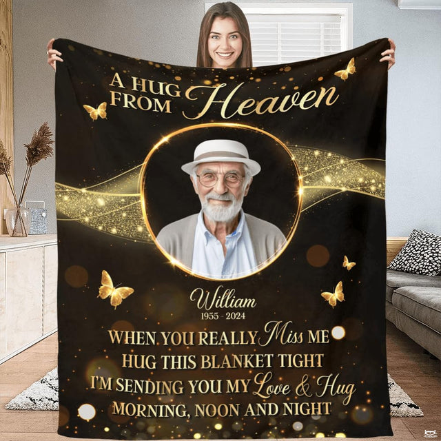 Golden bokeh memorial throw blanket featuring glittering gold waves, glowing circle frame, and butterflies