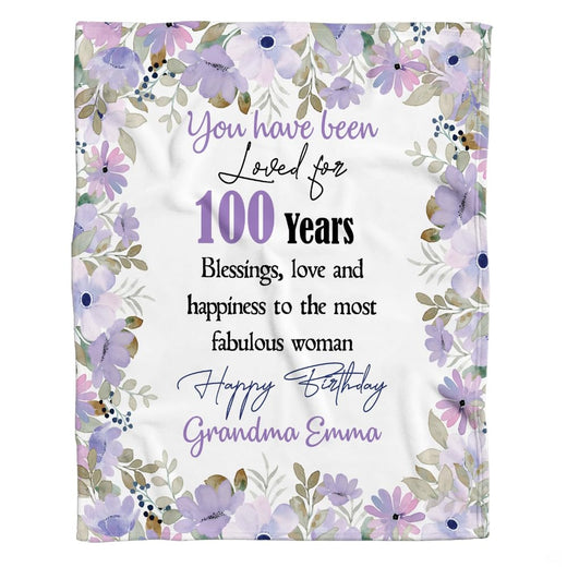 100th birthday purple floral centenarian throw blanket featuring celebratory typography and lavender wreath