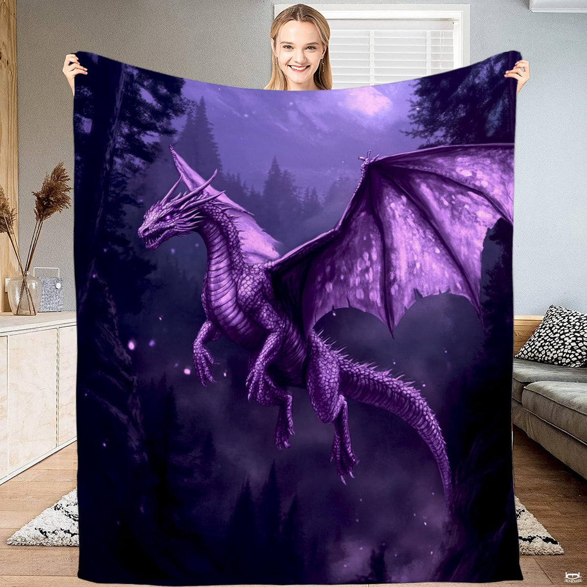 Nocturnal purple dragon throw blanket featuring a winged dragon soaring over an enchanted pine forest under the moonlight
