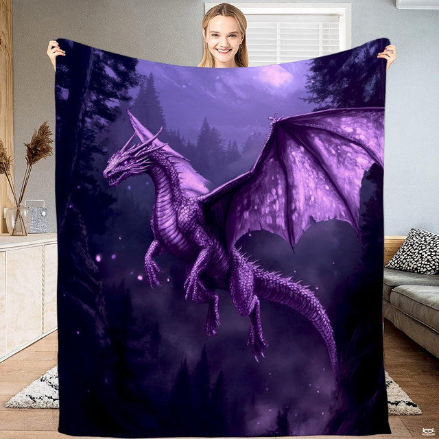 Nocturnal purple dragon throw blanket featuring a winged dragon soaring over an enchanted pine forest under the moonlight