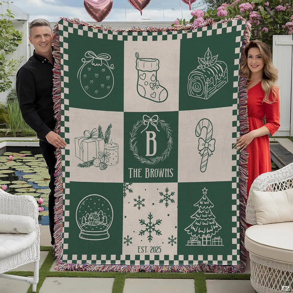 Holiday bedding with stocking, candy cane, and seasonal gift box illustrations on crisp off-white squares.