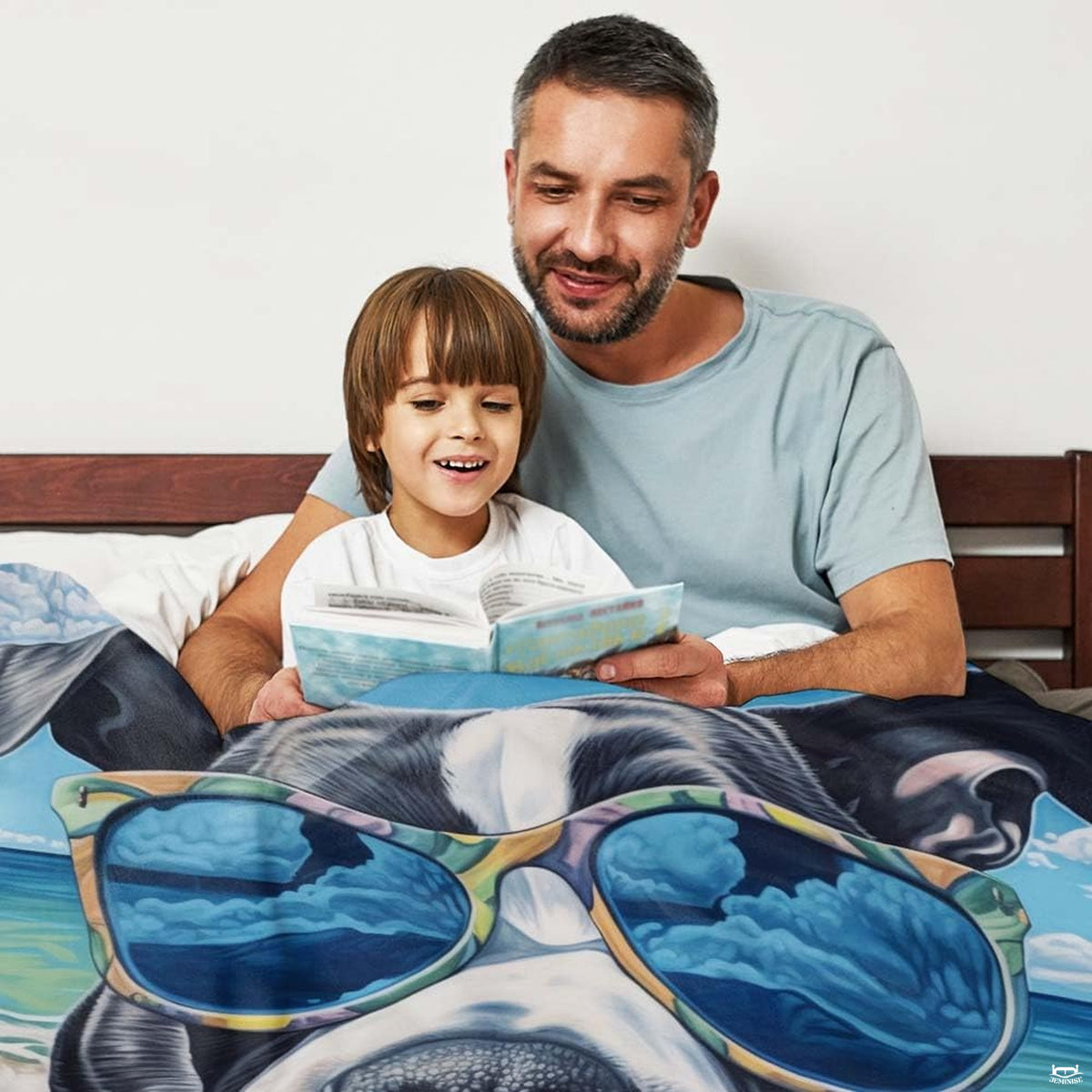 Bedroom styled with beach sunglasses pitbull throw blanket arranged neatly across white bed
