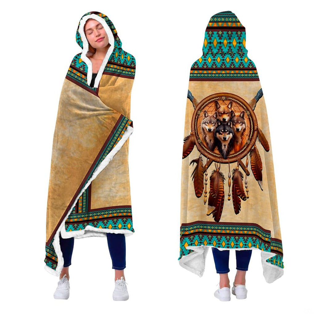 Wolf dreamcatcher throw blanket view 2 highlighting wolf pack portrait, eagle feathers, and tribal patterns