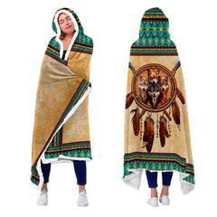 Wolf dreamcatcher throw blanket view 2 highlighting wolf pack portrait, eagle feathers, and tribal patterns