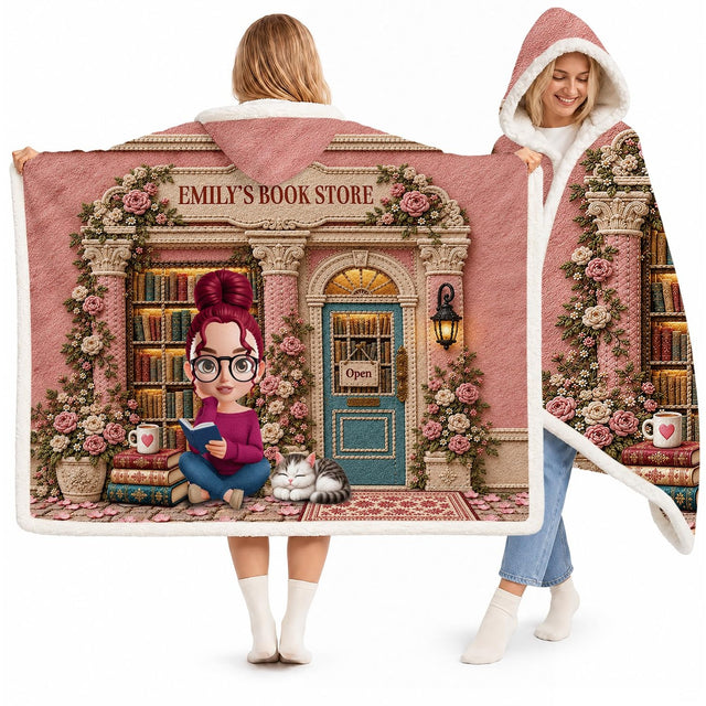 Vintage pink bookstore storefront graphic blanket worn as hooded wrap