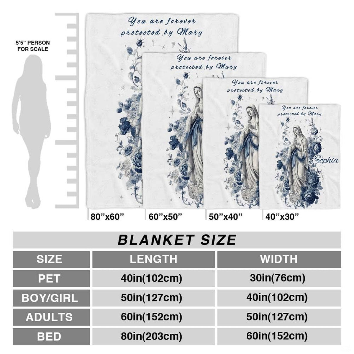 Size proportion chart illustrating available dimensions of the Catholic throw blanket.