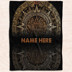 Overhead look at symmetrical Mayan sun medallion artwork enhancing bedroom decor with rich tribal patterns.
