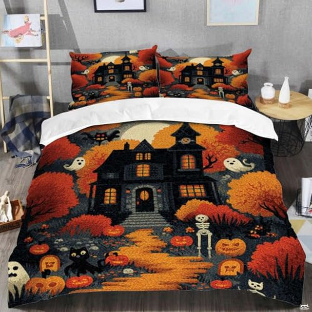 Haunted manor autumn night Halloween bedding with glowing windows - view 2
