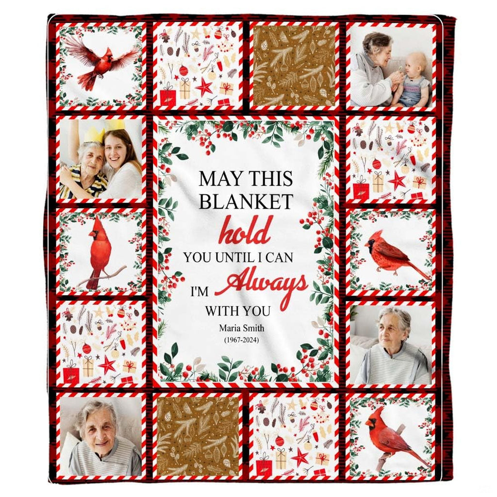 Full graphic layout featuring red cardinals, winter greenery, plaid borders, and family photo panels