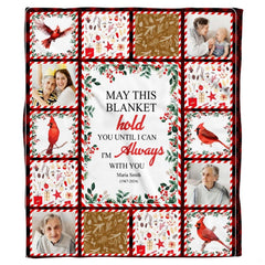 Full graphic layout featuring red cardinals, winter greenery, plaid borders, and family photo panels