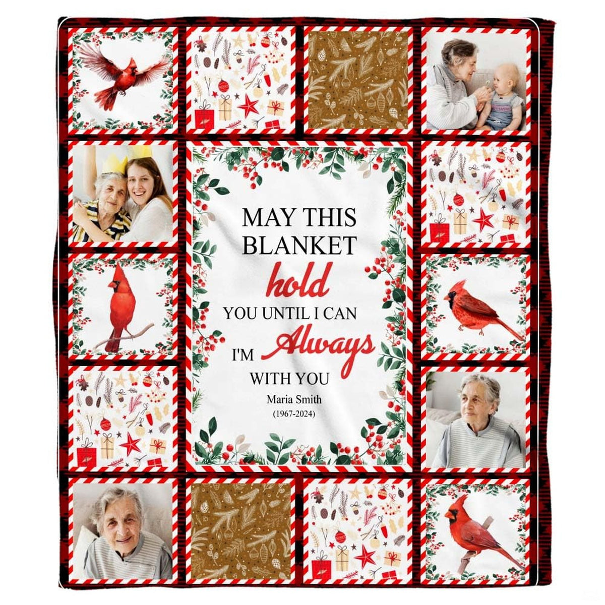 Full graphic layout featuring red cardinals, winter greenery, plaid borders, and family photo panels