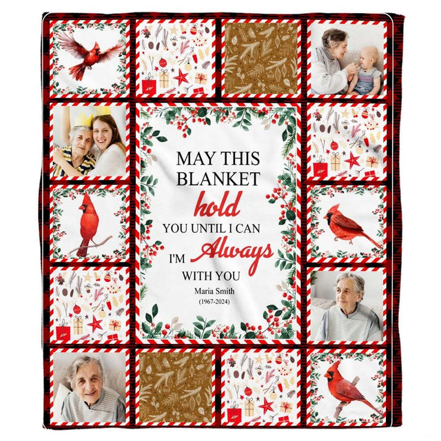 Full graphic layout featuring red cardinals, winter greenery, plaid borders, and family photo panels
