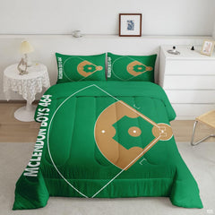 Forest green baseball helmet graphic sports bedding set displayed neatly on a bed in a modern youth bedroom