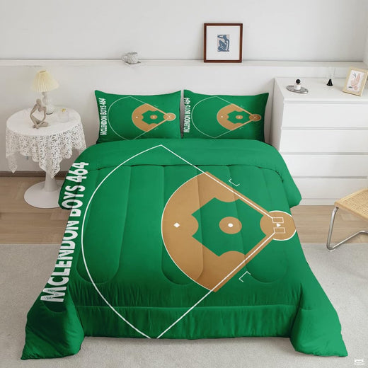 Forest green baseball helmet graphic sports bedding set displayed neatly on a bed in a modern youth bedroom