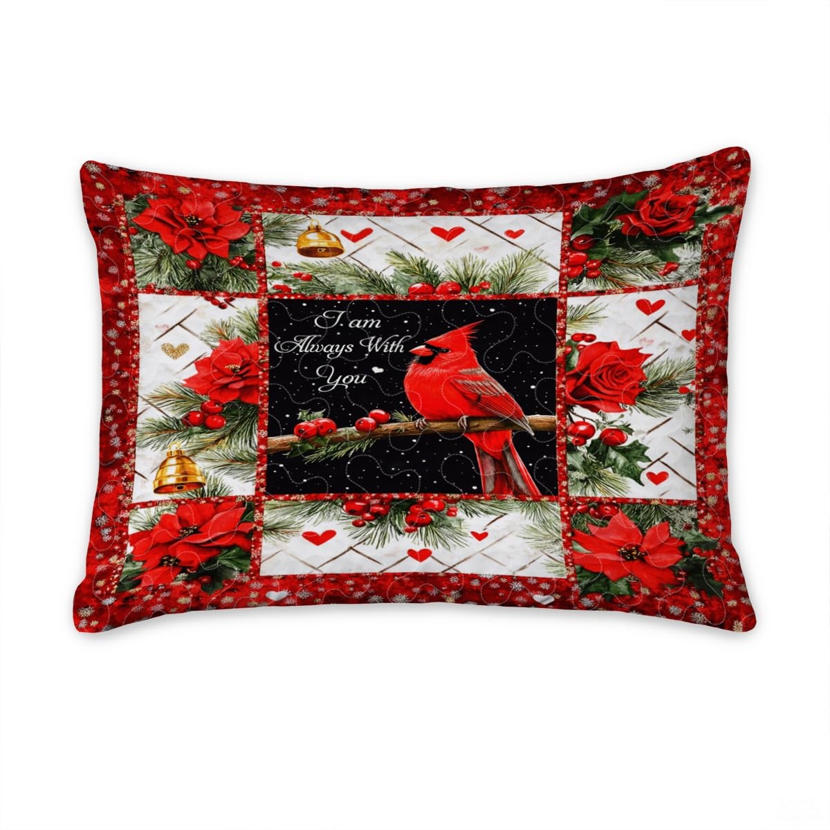 Christmas Cardinal on Branch Within Patchwork Winter Quilt