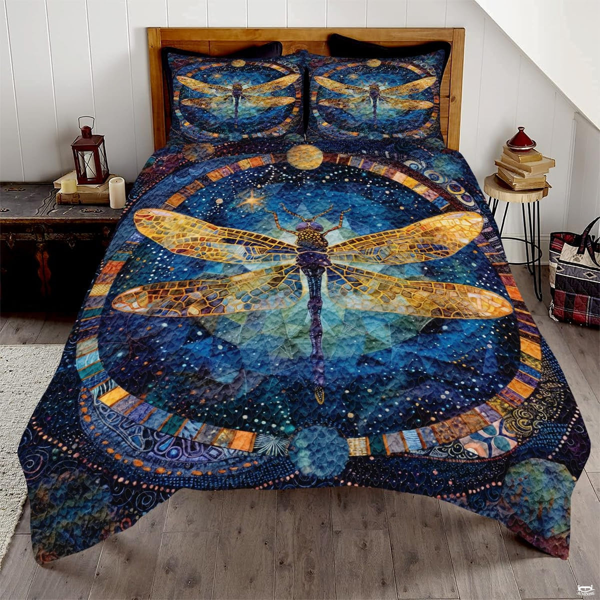 Celestial dragonfly bedding in a bright bedroom