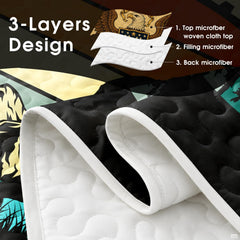 Detailed perspective of mountain ridges, forest trees, and vibrant retro sky illustration on bedding.